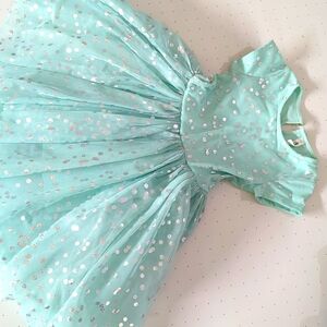 Girls dress light teal color with silver polka dots, tulle skirt